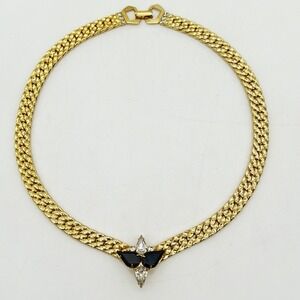 Vintage Egyptian Revival Necklace Goldtone Rope Chain Choker Rhinestone Runway